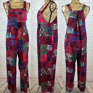 Red Tones Patchwork Print Overalls Jumpsuit